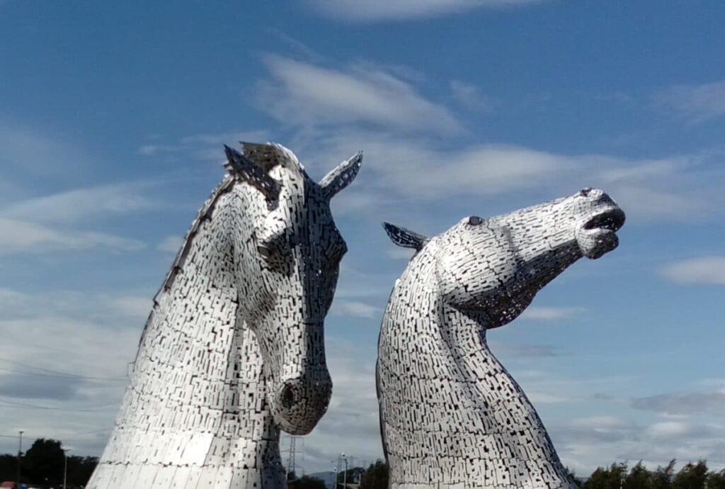Image of The Kelpies at The Helix in Falkirk. Two impressive sculptures of horses made from metal.