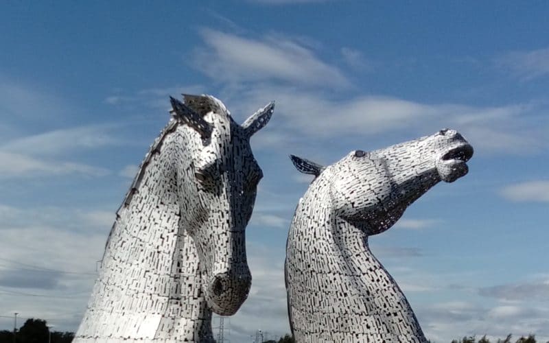 Image of The Kelpies at The Helix in Falkirk. Two impressive sculptures of horses made from metal.